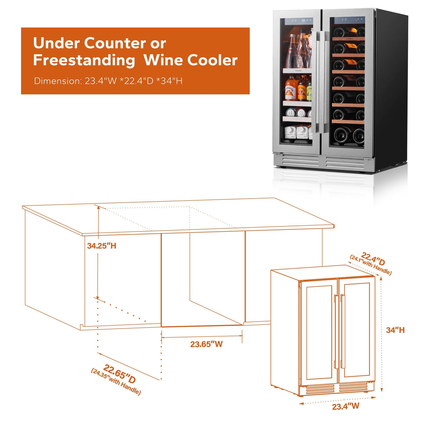Ca'Lefort 24 Inch Wine and Beverage Refrigerator, 60 Can and 20 Bottle Wine Fridge 36-72°F, 3 LED Dual Zone Wine Cooler with Glass Door, Built-in Compressor Refrigerator for Home/Kitchen (4.10 cu.ft)