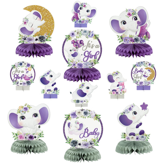 12 Pcs Purple Floral Elephant Honeycomb Centerpieces - Girl Baby Shower Party Table Decorations - Welcome Baby Party Table Toppers - Photo Props Decor