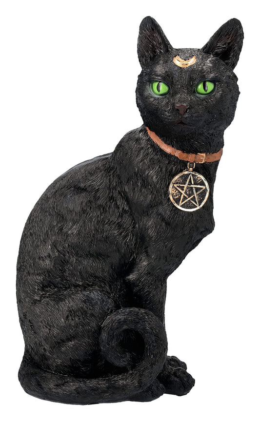 Pacific Giftware Realistic Black Cat Sculpture with Crescent Moon and Wicca Charm 12” Tall