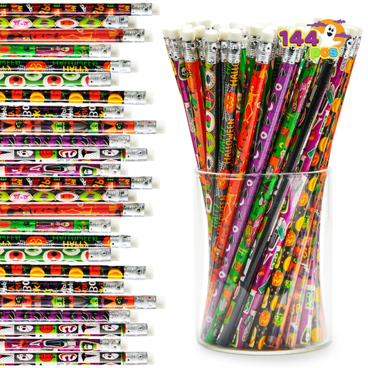 JOYIN 144 PCS Halloween Pencils with Eraser, 12 Designs Halloween Stationery Set for Kids Gifts Prizes, Wooden Drawing Pencils, Classroom Party Favor Supplies, Trick or Treat Goodies Bags Fillers