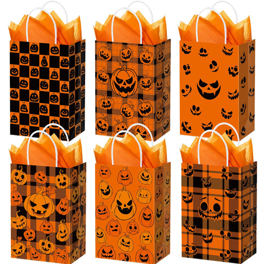 Kolldenn 24 Pcs Halloween Paper Gift Bags with Tissue Paper Pumpkin Goodie Treat Bags with Handles Wrapping Candy Party Favors Bag for Celebration Supplies Decorations