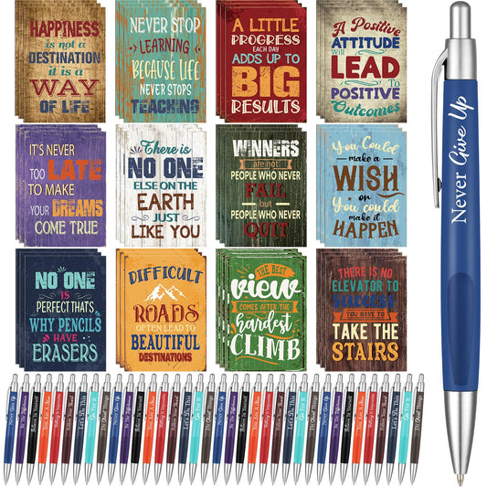 Yeaqee 72 Pcs Motivational Pens Notepads Gifts Set Inspirational Quote Ballpoint Pen Small Notebook Mini Journal Bulk Present Idea for Teacher Coworker Gifts Women Office School(Motivational)