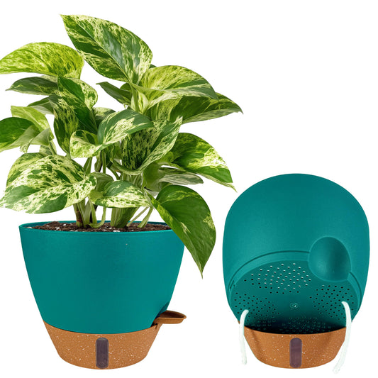 Fielda 2 Pack 10 inch Plant Pots, Plastic Self Watering Planters with Drainage Holes, Deep Reservoir, Water Level Indicator, Modern Decorative Flower Pots for Indoor Outdoor Plants (Turquoise)