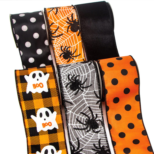 Ribbli Halloween Ribbon Wired,6 Rolls Orange and Black Halloween Ribbon 2.5 Inch Total 90 Feets(30 Yards), Ghost/Spider/Polka Dot/Black Velvet Ribbon for Crafts,Wreaths,Party Decoration