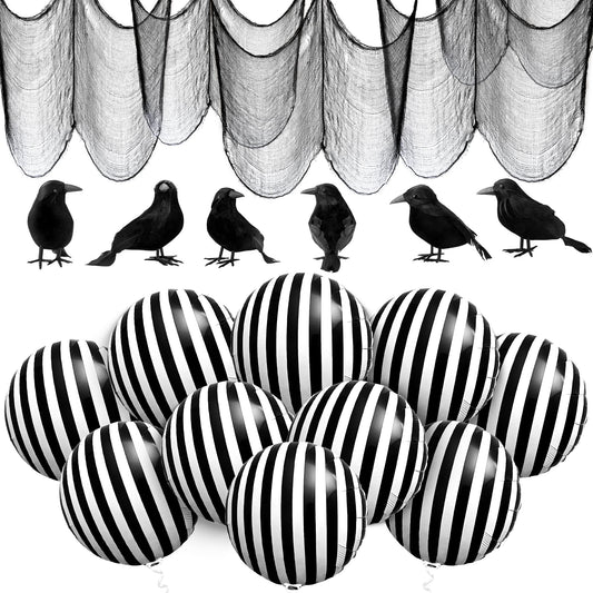 Halloween Creepy Cloth and Crows - Pack of 7 and Black and White Stripe Balloons - 18 Inch, Pack of 10 | Black and White Striped Balloons, Halloween Decorations | Halloween Crows and Raven Decorations