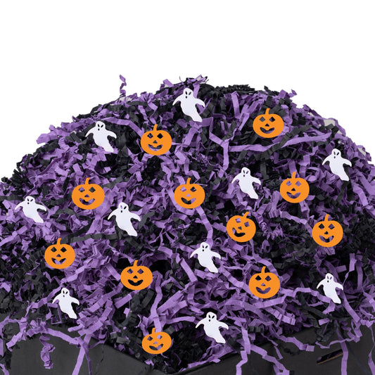 SWANGSA 3 LB Black Purple Halloween Crinkle Cut Paper Shred Filler with Pumpkins & Ghosts Confetti for Gift Baskets, Shreded Stuffing, Packing Grass Cushion Paper Streamer for Halloween, Birthday Gift