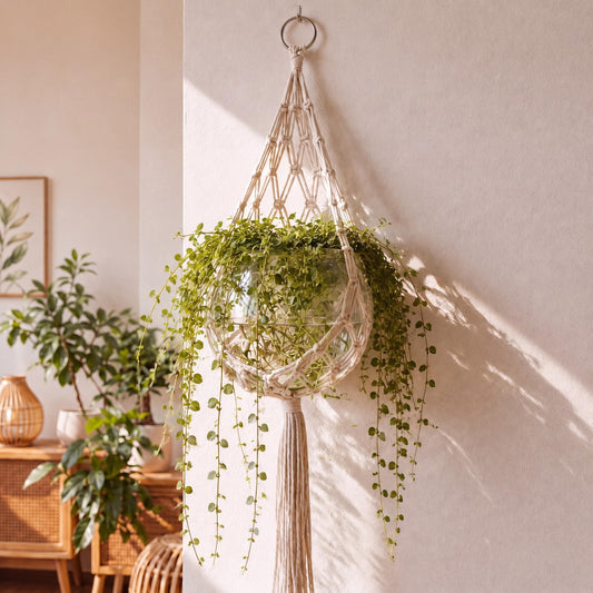 Junkin 1 Set Handmade Macrame Plant Hanger with Plastic Bowl Fish Tank, Cotton Rope Hanging Planter Basket for Indoor Outdoor Wall Decor, Boho Style, No Plant Included