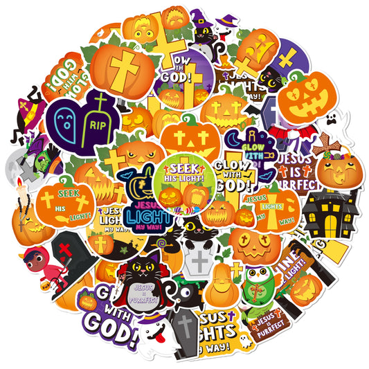 ANGOLIO 50Pcs Halloween Stickers for Kids, Cute Cartoon Pumpkins Witch Black Cat Christian Crosses Vinyl Waterproof Decals for Water Bottles Notebooks Laptop