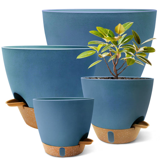 MNKXL 12"/10"/9"/8" Self Watering Pots with Visual Water Window,Extra Large Self Watering Plant Pots with Drainage Holes & Saucers,Blue Planters for Indoor Plants,4-Pack