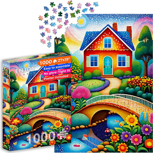 1000 Piece Jigsaw Puzzle for Adults - Colorful Cottage & Stone Bridge Garden, Matte Anti-Glare, Unique-Shape Pieces, Sturdy 2mm Board, 27x19 in Gift for Women | Enjoy Complete-Set Guarantee