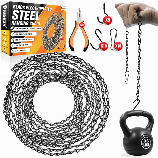 [Upgraded] 79” Black Electroplated Steel Hanging Chain with S-Hooks, Snap Hooks, Ceiling Hooks & Pliers, 33LBS Load Capacity, Adjustable Length for Hanging Bird Feeders, Planters, Lanterns, Billboards