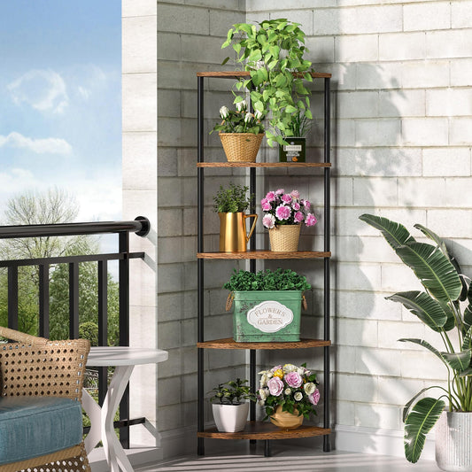 Greatseas Corner Plant Stand Shelf, 5 Tier Tall Shelf Plant Stand for Indoor Plants, Rustic Brown Corner Bookshelf Wall Decor Living Room, 44.1" Display Shelf for Bedroom, Bathroom, Small Space