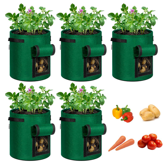 VIVOSUN 5-Pack 7 Gallon Potato Grow Bags for Growing Potatoes, Fabric Potato Pots with Handle and Roll-up Window, Potato Growing Containers Potato Planter Potato Planter for Growing Potatoes, Green