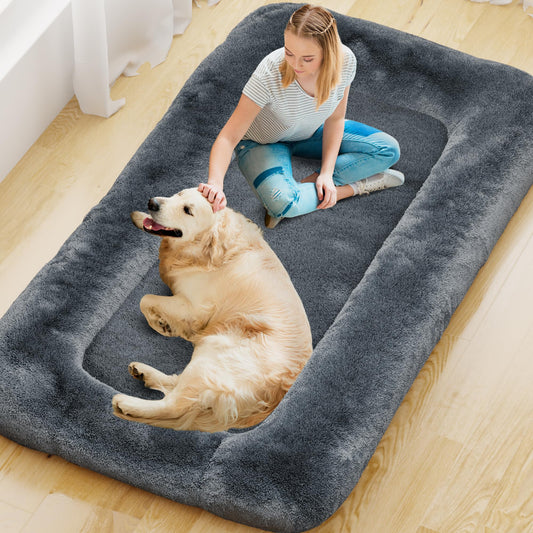 YEFU Human Dog Bed for Adult- Extra 79"x45"x12" Large Dog Beds - Human Size Dogs Bed Washable Faux Fur Cover - Orthopedic Foam Dogs Beds with for Sleep Nap in Bedroom Dark Grey