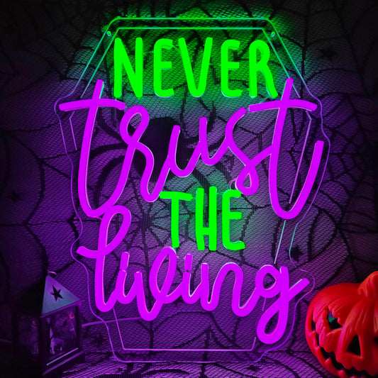 Ajoyferris Never Trust The Living Neon Sign Halloween Led Signs Dimmable Tombstone Light Up Sign Gothic Haunted House Neon Window Lights Scary Halloween Decorations