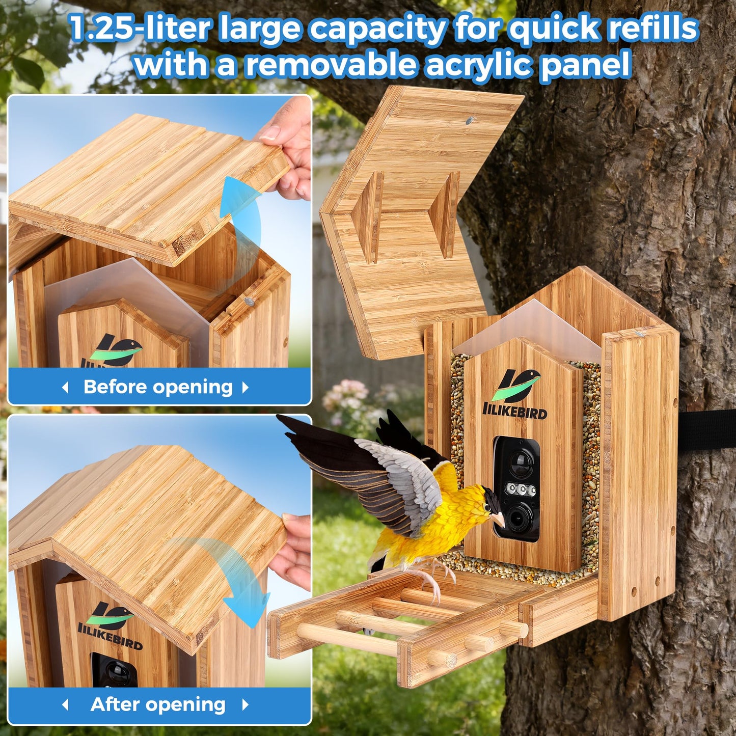 Bamboo Smart Bird Feeder with 4K Camera, AI Bird Identification 10000+ Species, Solar Powered & USB-C Charging, IP65 Weatherproof, 1.25L Speed Capacity for Outdoor Garden (Wall Mount/Pole) (Large)