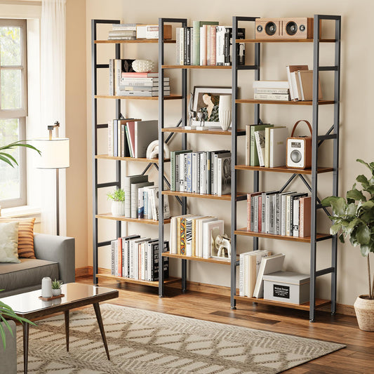 SUPERJARE Triple Bookshelf, Bookcase with 14 Open Display Shelves, Wide Book Shelf Book Case for Home & Office, 5 Tier, Brown