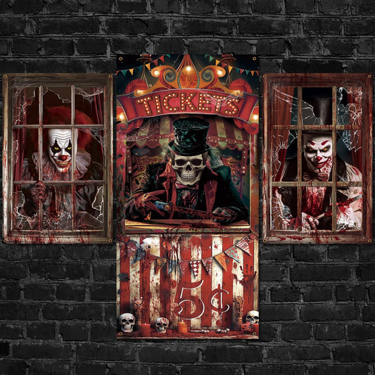 Fanfanwin 3 Pcs Halloween Evil Circus Window Door Covers Decorations Set Scary Clown Ghost Skull Curtain Decor Bloody Creepy Carnival Poster Backdrop Banner Halloween Window Silhouette for Party Decor