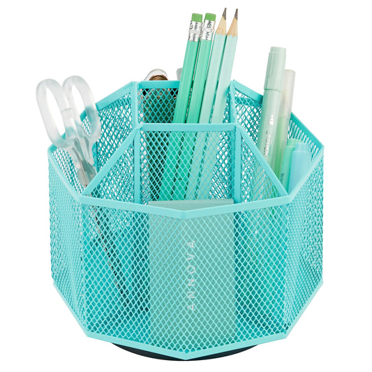Annova Mesh Desk Organizer Rotate with 5 Compartments Spinning Tidy Candy/Pen Holder Office, Art Supply, Storage, Classroom, Home (Turquoise)