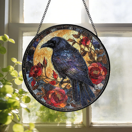 Gothic Black Raven Moon Roses Stained Glass Window Hanging Sun Catchers Dark Crow Glass Panel Hangings Crow Gift for Mom Grandma Halloween Lover Gift for Mom Holiday Ornament Housewarming 7.9inch