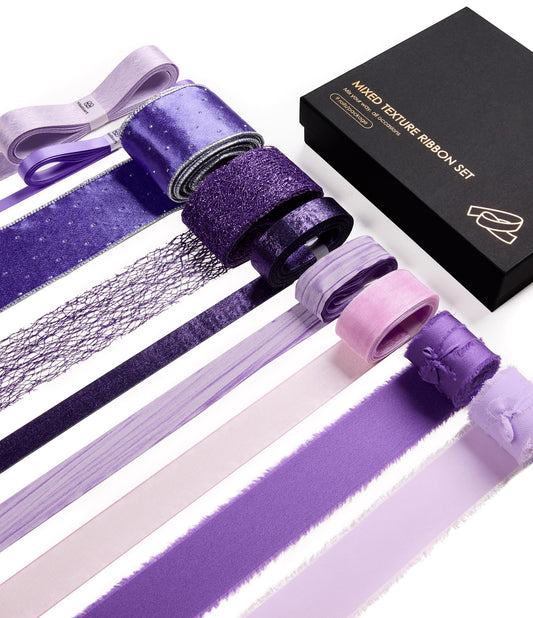 Vitalizart Luxury Purple Ribbon 40 Yards, 9 Textures & Sizes Chiffon, Satin, Organza, Grosgrain Gift-Wrapping, Crafts, Wedding Bouquets, Christmas & Holiday Bows