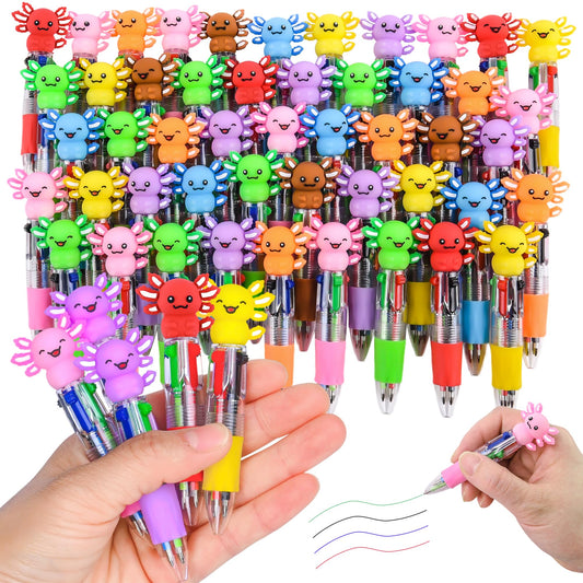 LiYiQ 50 Pcs Axolotl Party Favor Multicolor Pen in One Cartoon Cute Fun 4-in-1 Cute Pens Bulk Kawaii Axolotl Ballpoint Pens for Fun Gifts