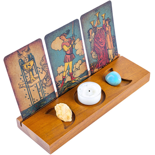 Curawood Tarot Card Holder Stand - Display Your Daily Draw - Witchy Gifts for Women, Tarot Accessories, Wiccan Altar Supplies, Witchcraft Decor, Divination Tools - 3-Card Stand with Etched Moon