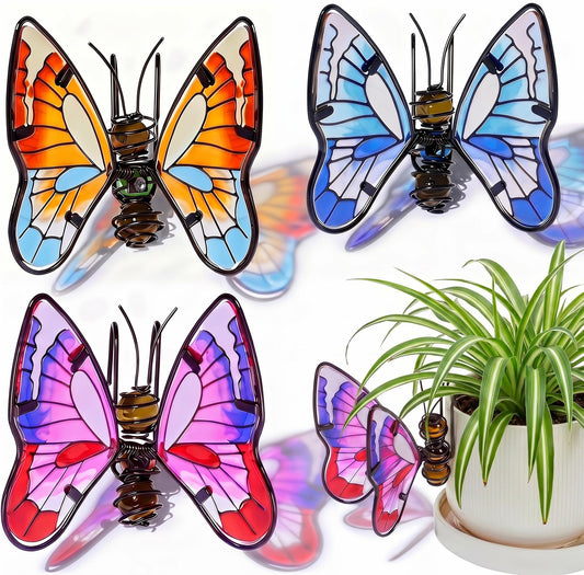 Hemoton 3Pcs Butterfly Decorations for Plant Pots, Stained Glass & Metal Flower Pot Huggers, Spring Outdoor Garden Decor for Potted Plants, Aesthetic Yard & Patio Decorations, Gift for Women