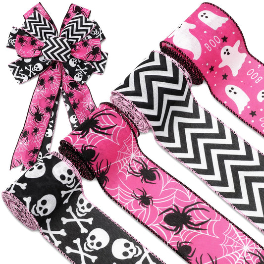 JarThenaAMCS Halloween Wired Edge Ribbons Ghost Skull Fabric Ribbons Pink Black Wrapping Ribbons for DIY Crafts Wreath Bow Making Supplies, 4 Rolls, 24 Yard