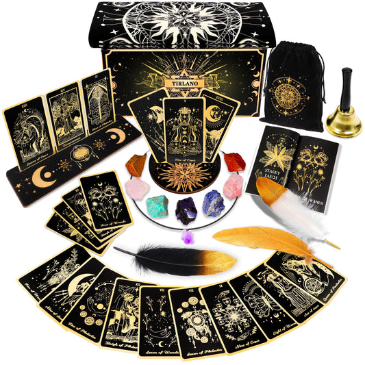 78 Tarot Cards with Guidebook - Tarot Deck Gift Set with Tarot Cloth & Holder, Chakra Stones & More, Black Tarot Cards Deck Fortune Telling Game Craft Cardboard for Beginners and Expert Readers
