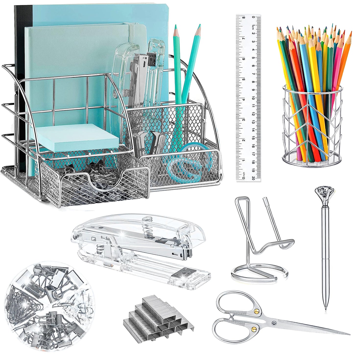 Gold Desk Organizers and Accessories Office Supplies Set Stapler, Pen Holder, Phone Holder, Scissors, Pen, Ruler, 30 Paper Clips, 22 Binder Clip, 20 Tacks and 1000pcs Staples (Gold)