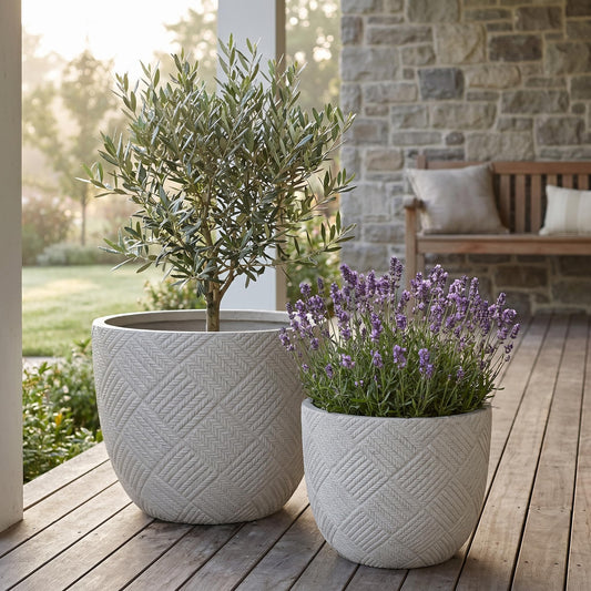 Set of 2 Large Oxide Magnesium Concrete Planters (15" & 18") - Round Grey Rustic Flower Pots with Drainage Holes, Handcrafted Outdoor Indoor Plant Containers for Patio, Front Porch, Garden Decor