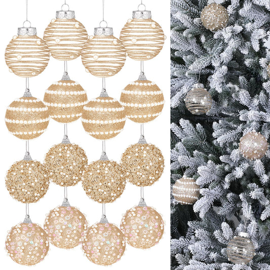 HyDren 16 Pcs Champagne Gold 2.76" Christmas Ball Ornaments Glitter Pearl & Sequin Christmas Ball Decorations Shatterproof Baubles Sparkling Pearl Shine Balls for Xmas Tree Birthday Halloween Wedding
