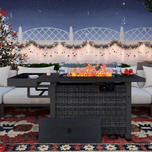 Sundale Outdoor 52 Inch Outdoor Fire Pit Table, 50,000 BTU Propane Fire Table with Storage Shelf, Glass Wind Guard and Lid, Wicker Patio Fire Pit Table for Outside Patio and Garden, CSA-Listed(Grey)