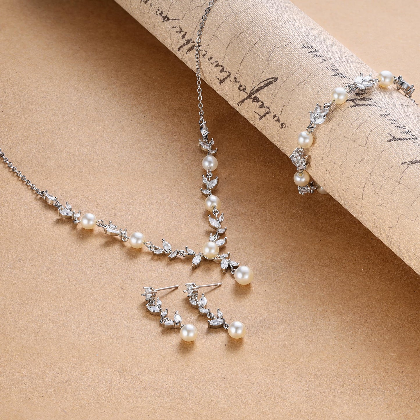 EVER FAITH Bridal Jewelry Set for Bride Bridesmaid, White-Gold-Plated-Brass Marquise Cubic Zirconia Faux Pearl Leaf Vine Party Prom Necklace Dangle Earrings Bracelet for Women