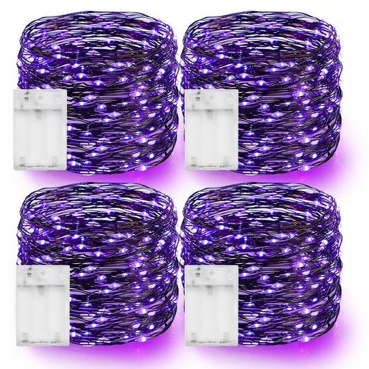 Dazzle Bright Purple Halloween Fairy String Lights, 4 Pack Total 80FT 240LED Copper Wire Battery Operated Waterproof Lights, Halloween Decorations for Indoor Home Outdoor Patio Yard Party Decor