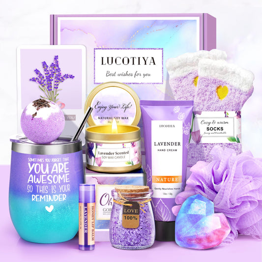 LUCOTIYA Birthday Gifts for Women, Gift Basket for Women Wine Tumbler Self Care Package Gifts for Women, Mom, Bestie, Her, Sister, Wife, Auntie, Thank You Gifts for Women, AM6ZL
