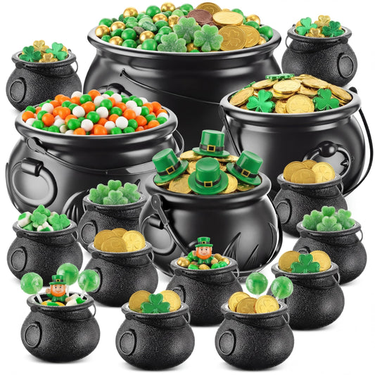 Threehoney 16 in 1 St. Patrick's Day Cauldron 12.8 9.8 7.6 5.7 2.7 Large Witch Leprechaun Pot for Irish Party Decoration Plastic Cauldron with Portable Carrying Handle Black Candy Pot Indoor Outdoor