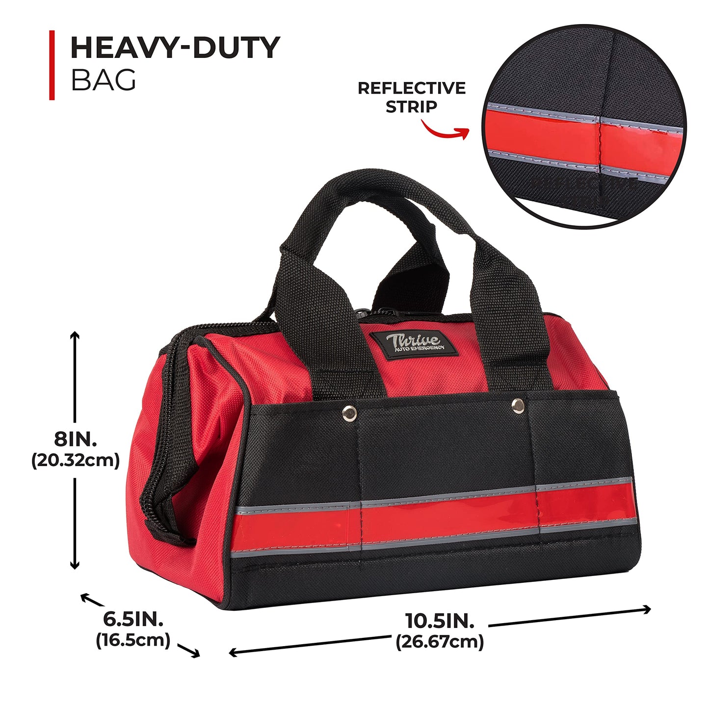 Thrive Car Emergency Kit & Roadside Emergency Car Kit - 104-Piece Set, Red Canvas Bag, Universal Fit - Jumper Cables, Escape Hammer & Tire Gauge - Road Trip Essentials & Emergency Supplies