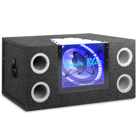 12" 1200W Car Audio Subwoofer - 2 Way Neon Bandpass Speaker System w/Blue Lights, DC 12V Input/4 Ohm/32Hz-1KHz Freq.Res w/Plexi-Glass Front Window & Silver Polypropylene Cone