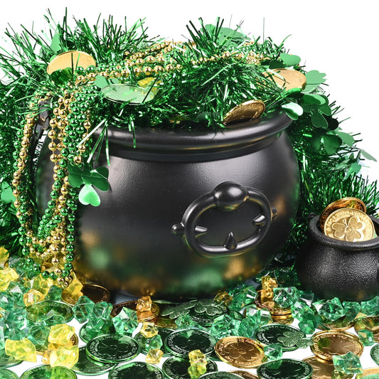 St Patrick's day 8" Black Cauldron Candy Kettle Set with Lucky Shamrock Plastic Coins Shamrock Garlands for St Patty Decorations, St. Patricks Day Party Favor