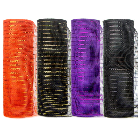 Ribbli 4 Rolls Halloween Metallic Mesh Ribbon,10 inch x 30 feet(10Yard) Each Roll,Halloween Ribbon for Wreath Swags-Orange/Black(Gold foil)/Purple/Black(Black foil