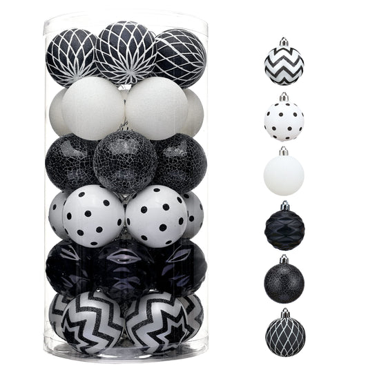 Valery Madelyn Christmas Ornaments Tree Decorations, 30ct Black and White Shatterproof Christmas Ball Ornaments Set, 2.36 Inch Boho Modern Decorative Hanging Ornament Bulk for Xmas Holiday Party Decor