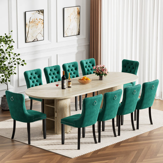 11 Piece Extendable Dining Table Set with 10 Green Upholstered Chairs, 63"-95" Faux Mars Oval Kitchen Table Set with Storage for 10, Space-Saving Expandable Dining Room Table Set w/Wood Fluted Base