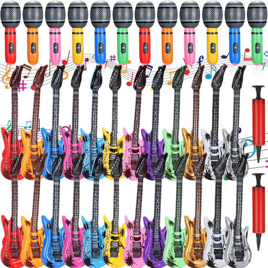 Chitidr 24 Pcs Colorful Inflatable Instruments Rock Star Toy Set Including 12 Pcs Plastic Microphones, 12 Inflatable Guitars and 1 Inflator for Musical Concert Themed Party Decoration