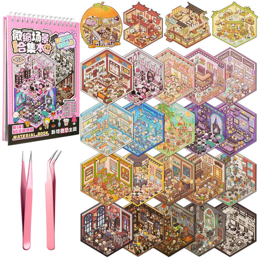 PCTCSHQ 24 Sets DIY 3D Sticker Scene, Sticker Therapy Spooky Collection Book Horror Adventure House Stickers Scene Make Your Own Room Scenes for Adult Kids Relief Stress Pass The Time