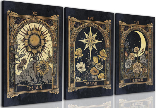FWAHREN Sun Moon Star Tarot Card Canvas Wall Art Set of 3, Vintage Gothic Celestial Pictures Prints, Mystical Astrology Paintings, Witchy Dark Academia Wall Decor, Bedroom Living Room Office, 12x16in