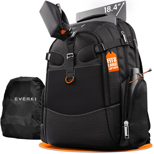 EVERKI Business 120 Laptop Backpack 40L with Rain Cover - Large Compartment Fits Up To 18.4", Travel Friendly Lightweight Business & Office Bag, 180° Fold-Out Design, Multiple Padded Pockets, Black