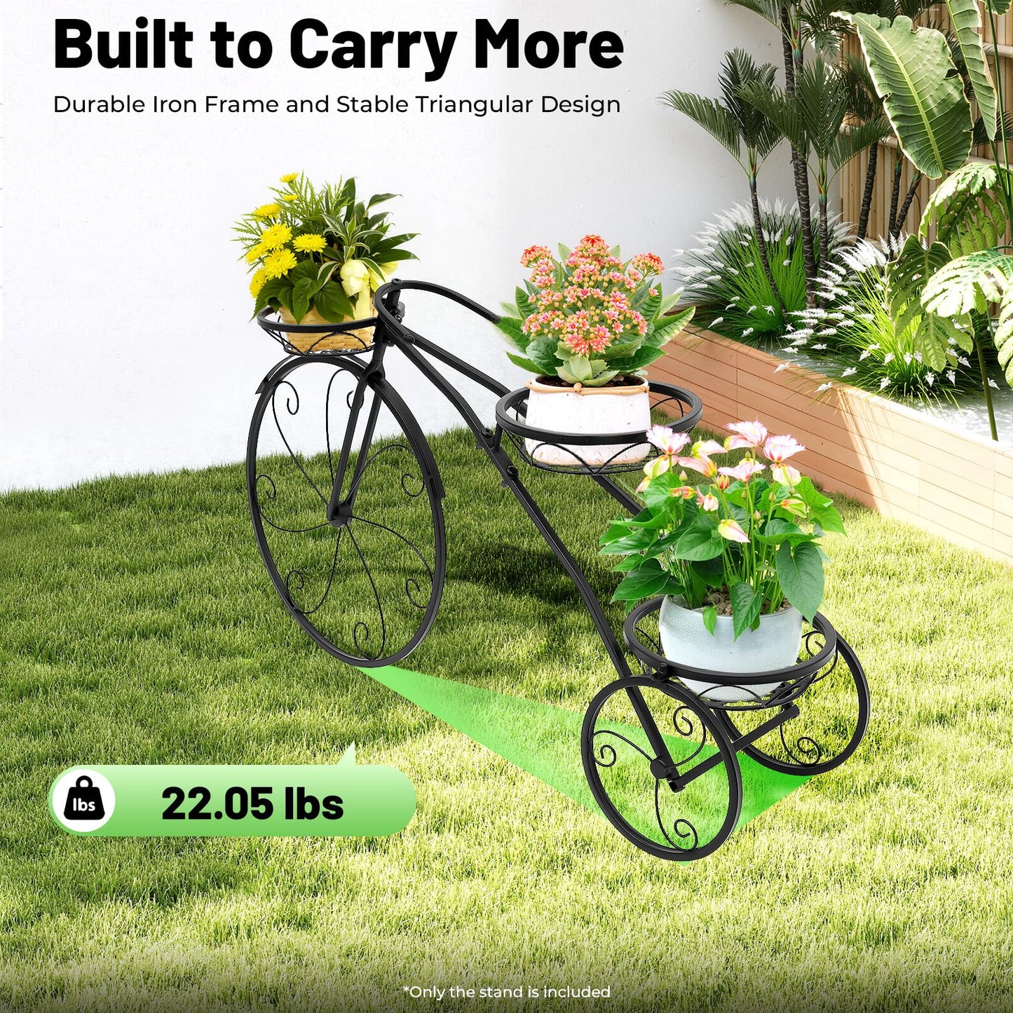 TOWIUOA Bicycle Planter Stand, Three-Wheeled Plant Stand, 3 Flower Baskets Plant Stand Plant Cart with Wheels Metal Flower Pot Cart Holder for Patio, Deck, Garden Or Lawn