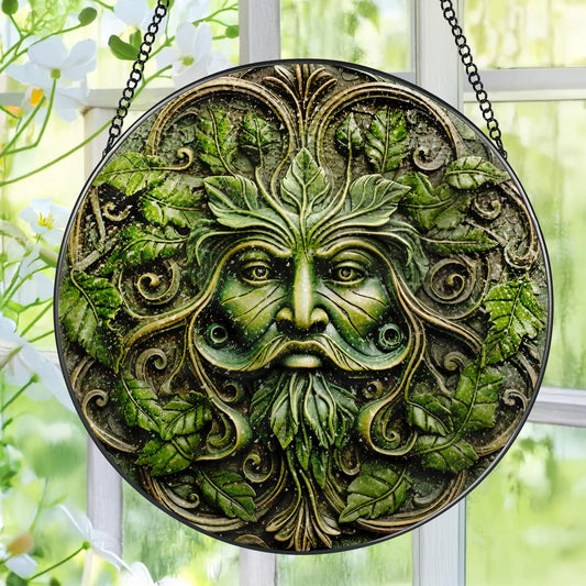 Green Man Stained Glass Suncatcher, Stained Glass Window Hanging, 8 Inch Window Decor Hanging, Gift for Garden Lovers, Fathers Day Birthday Gifts for Dad Grandpa Man Bother Husband Lover